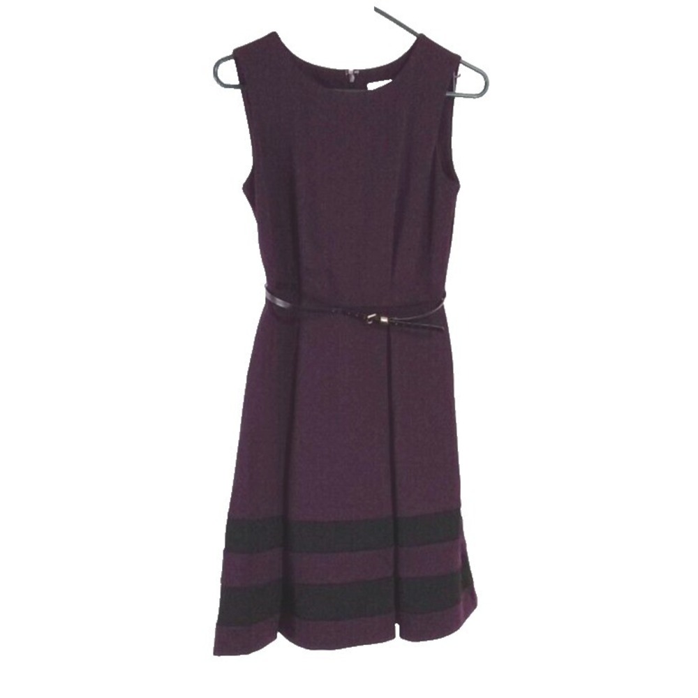 Calvin Klein Dress 2 Dark Purple Black Stripe Belt Sleeveless Fit Flare Pleated